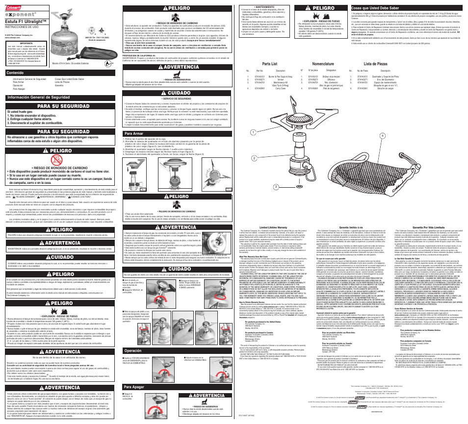 Para su seguridad, Para su seguridad peligro, Advertencia | Cuidado, Peligro, Peligro advertencia, Advertencia estufa f1 ultralight, Peligro cuidado, Parts list, Nomenclature | Coleman 9741A User Manual | Page 2 / 2