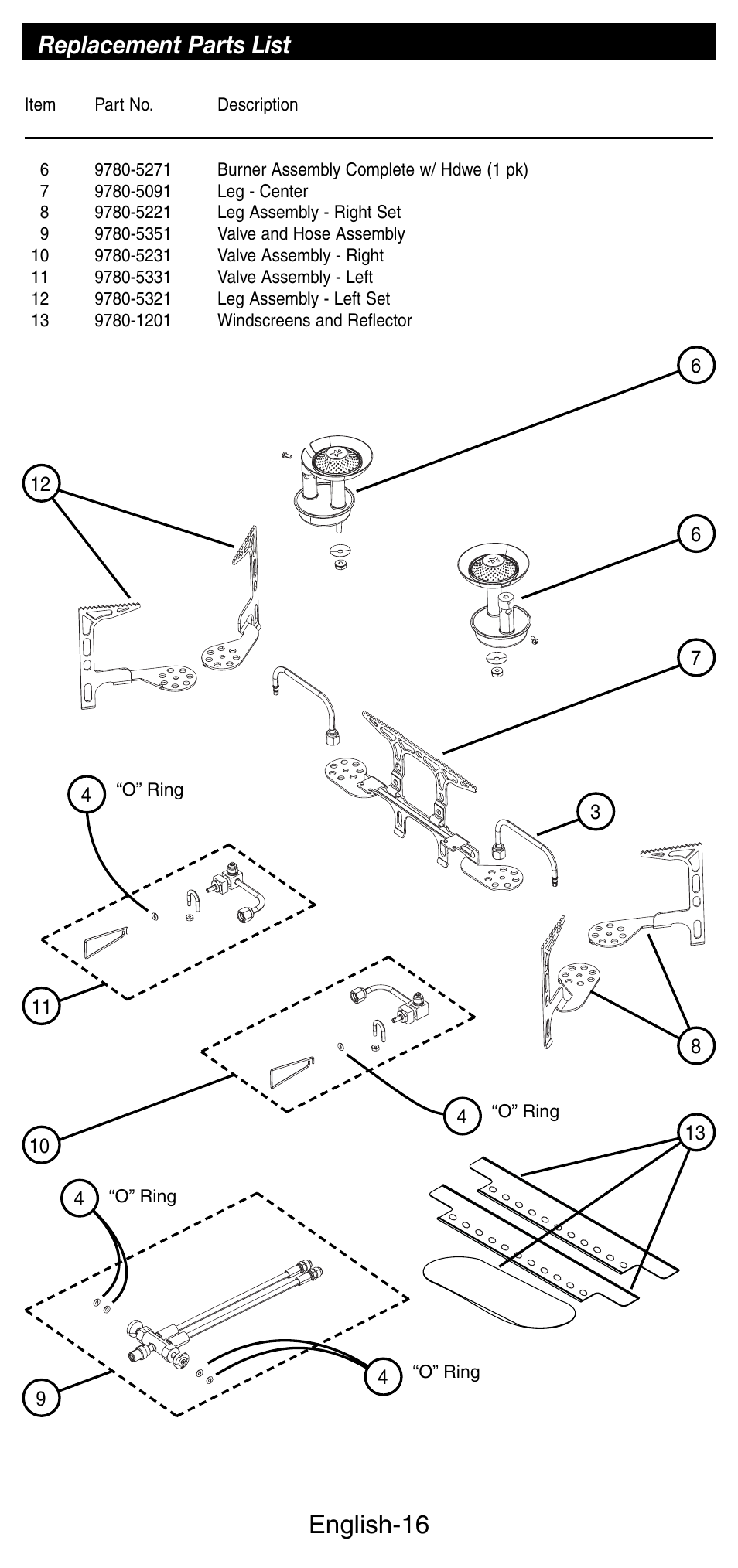 English-16, Replacement parts list | Coleman 9780 User Manual | Page 17 / 20