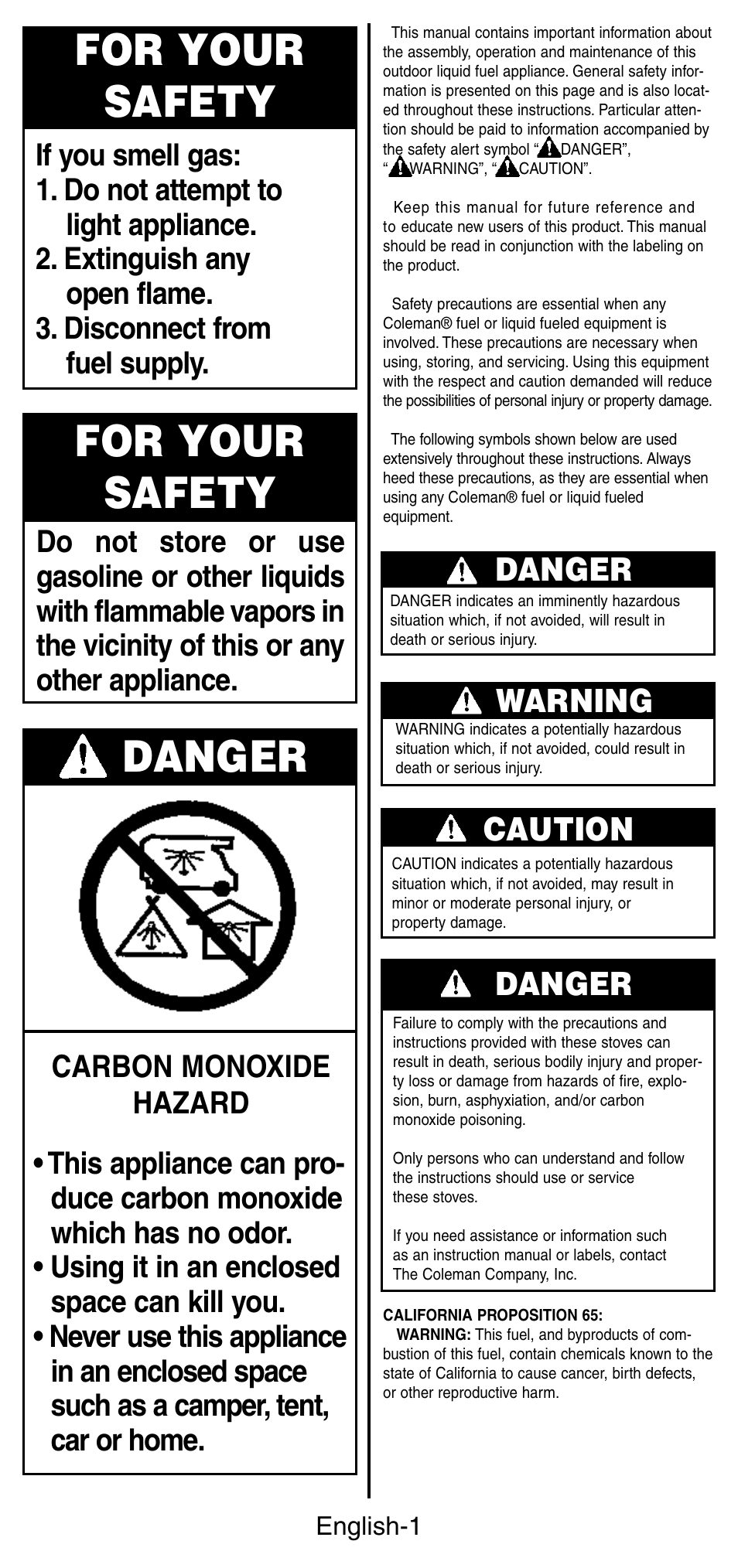 For your safety, Warning, Danger | Caution | Coleman 9780 User Manual | Page 2 / 20
