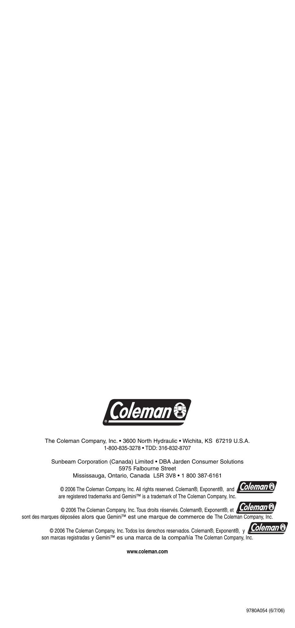 Coleman 9780 User Manual | Page 20 / 20