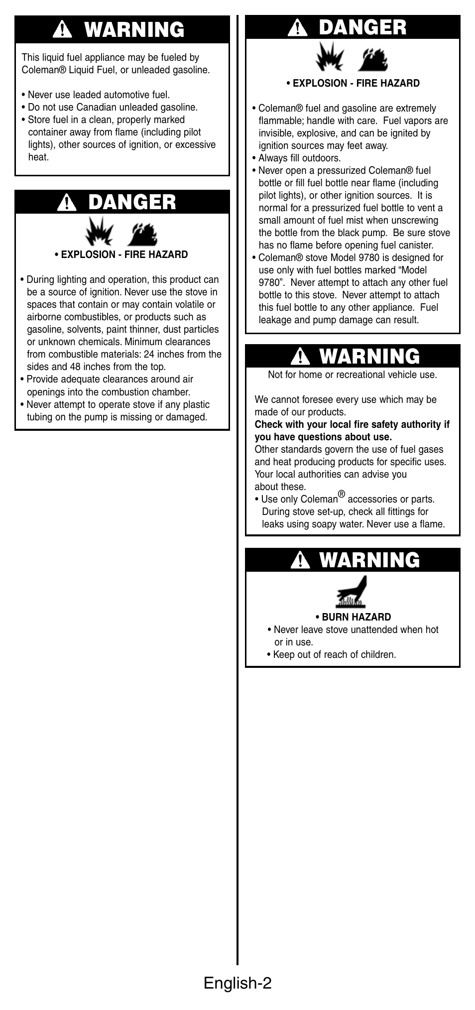 Warning danger, Warning, Danger | English-2 | Coleman 9780 User Manual | Page 3 / 20