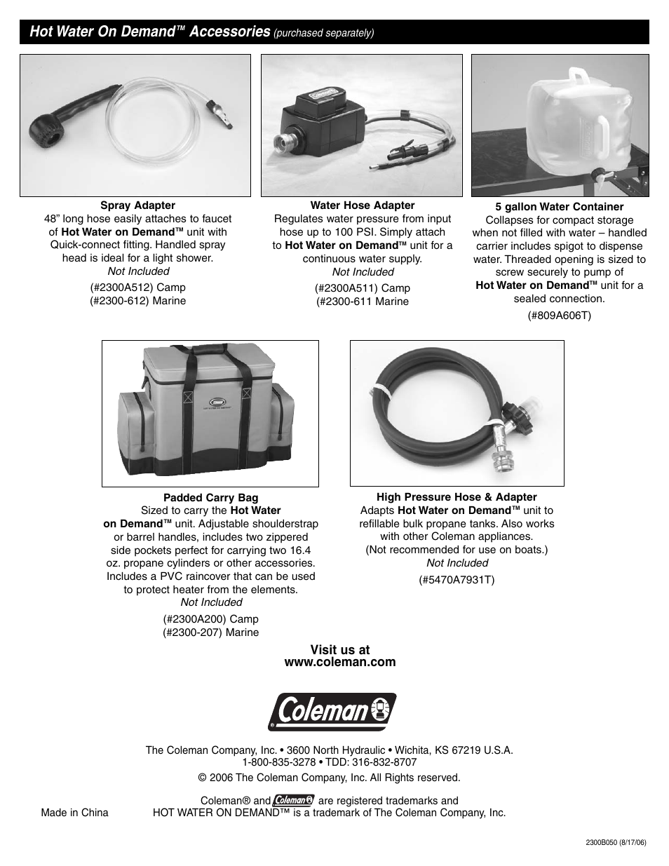 Hot water on demand, Accessories | Coleman 2300 Series User Manual | Page 12 / 12