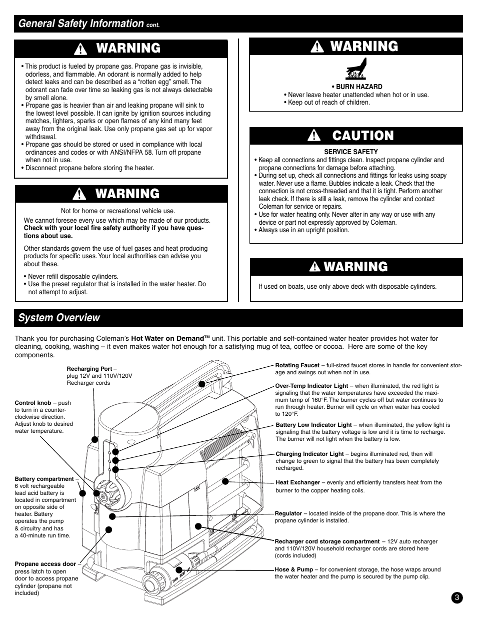 Warning, Caution warning, General safety information | System overview | Coleman 2300 Series User Manual | Page 3 / 12