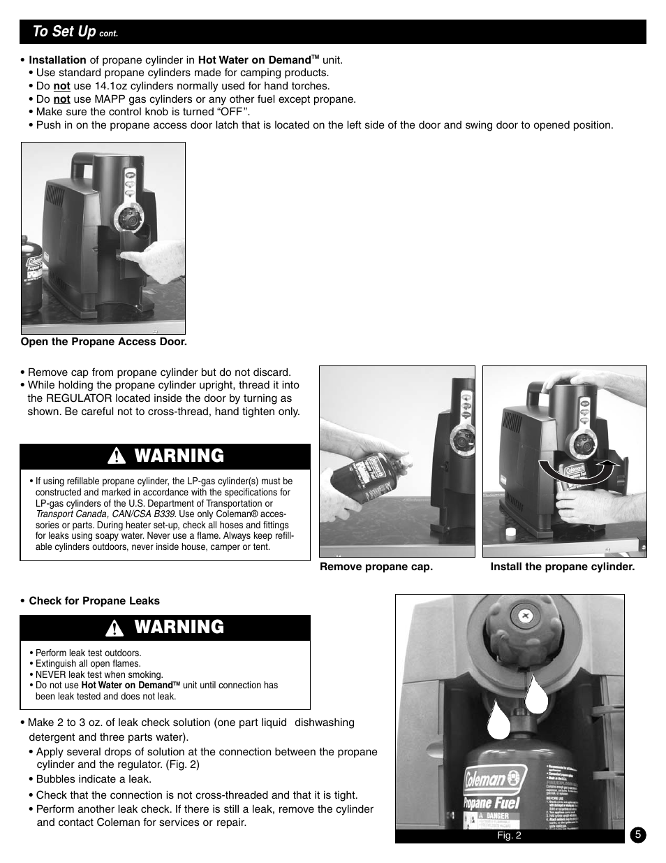 Warning | Coleman 2300 Series User Manual | Page 5 / 12