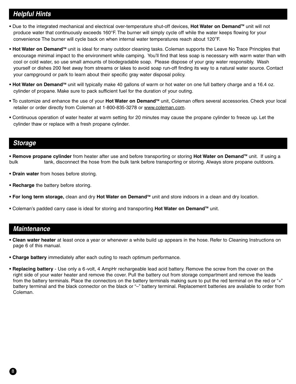 Helpful hints, Storage, Maintenance | Coleman 2300 Series User Manual | Page 8 / 12