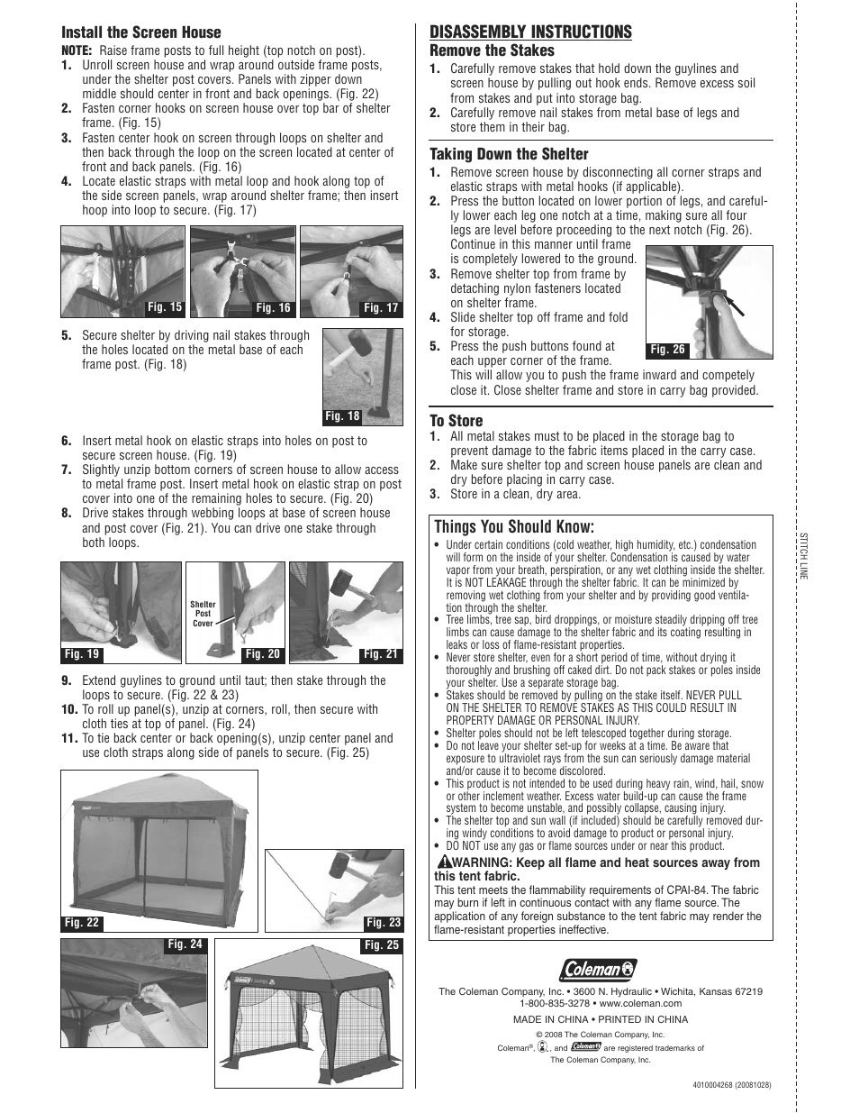 Things you should know, Disassembly instructions, Install the screen house | Remove the stakes, Taking down the shelter | Coleman MAX 2000002251 User Manual | Page 2 / 2