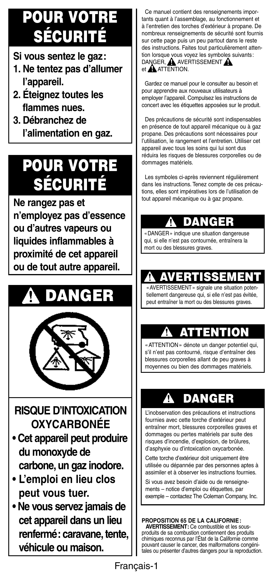 Pour votre sécurité, Danger, Avertissement | Attention | Coleman 3150 User Manual | Page 10 / 28