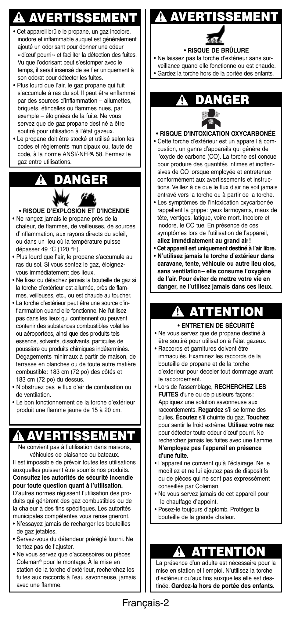 Avertissement, Danger, Attention | Avertissement danger, Français-2 | Coleman 3150 User Manual | Page 11 / 28