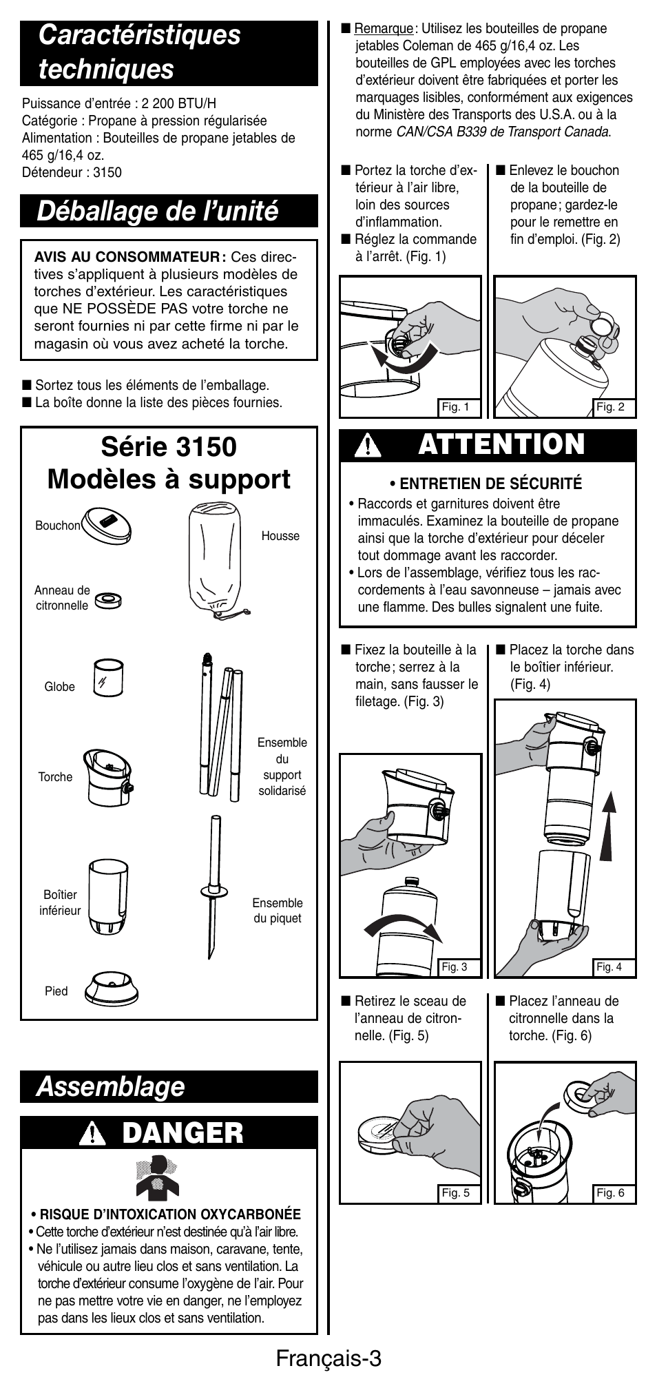 Attention, Caractéristiques techniques, Déballage de l’unité | Assemblage danger, Série 3150 modèles à support, Français-3 | Coleman 3150 User Manual | Page 12 / 28