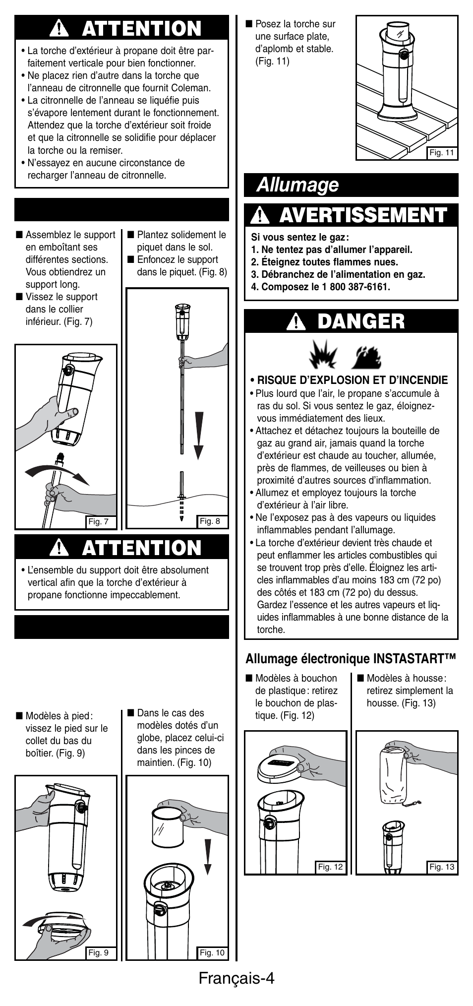 Allumage avertissement, Danger, Attention | Mât de support, Pied de support, Français-4, Allumage électronique instastart | Coleman 3150 User Manual | Page 13 / 28