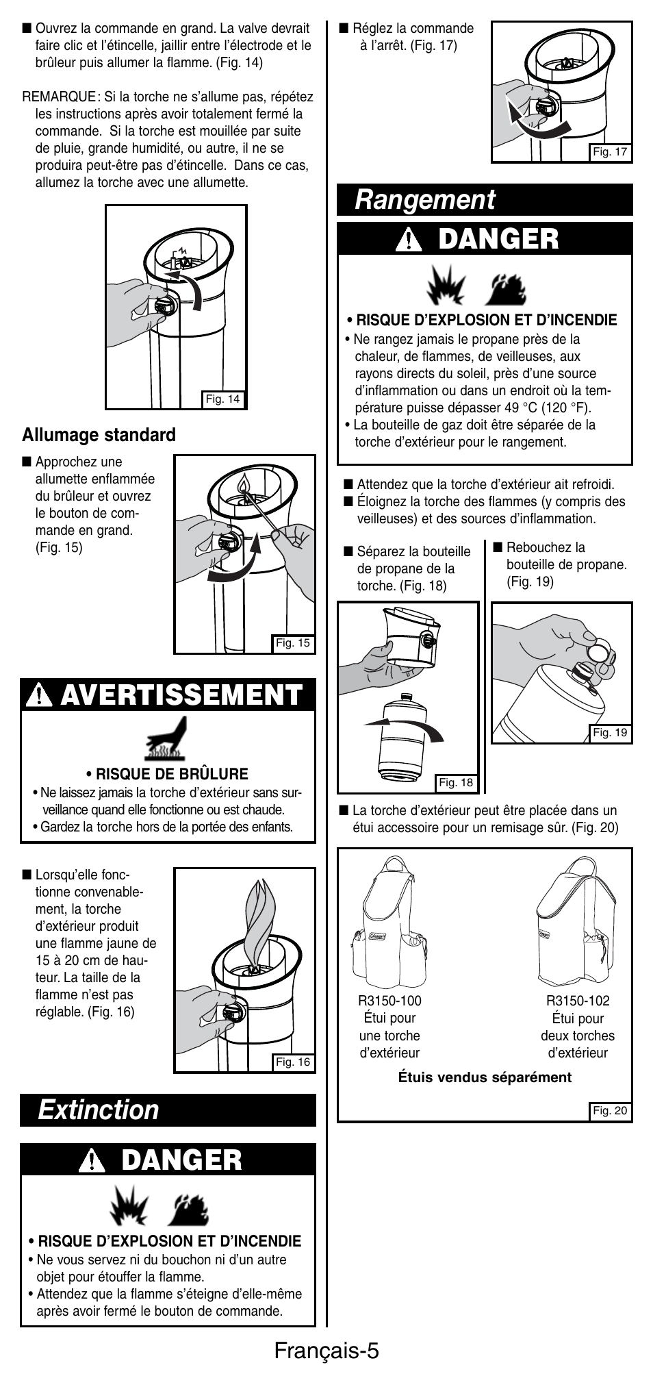 Danger, Avertissement, Extinction rangement danger | Français-5, Allumage standard | Coleman 3150 User Manual | Page 14 / 28