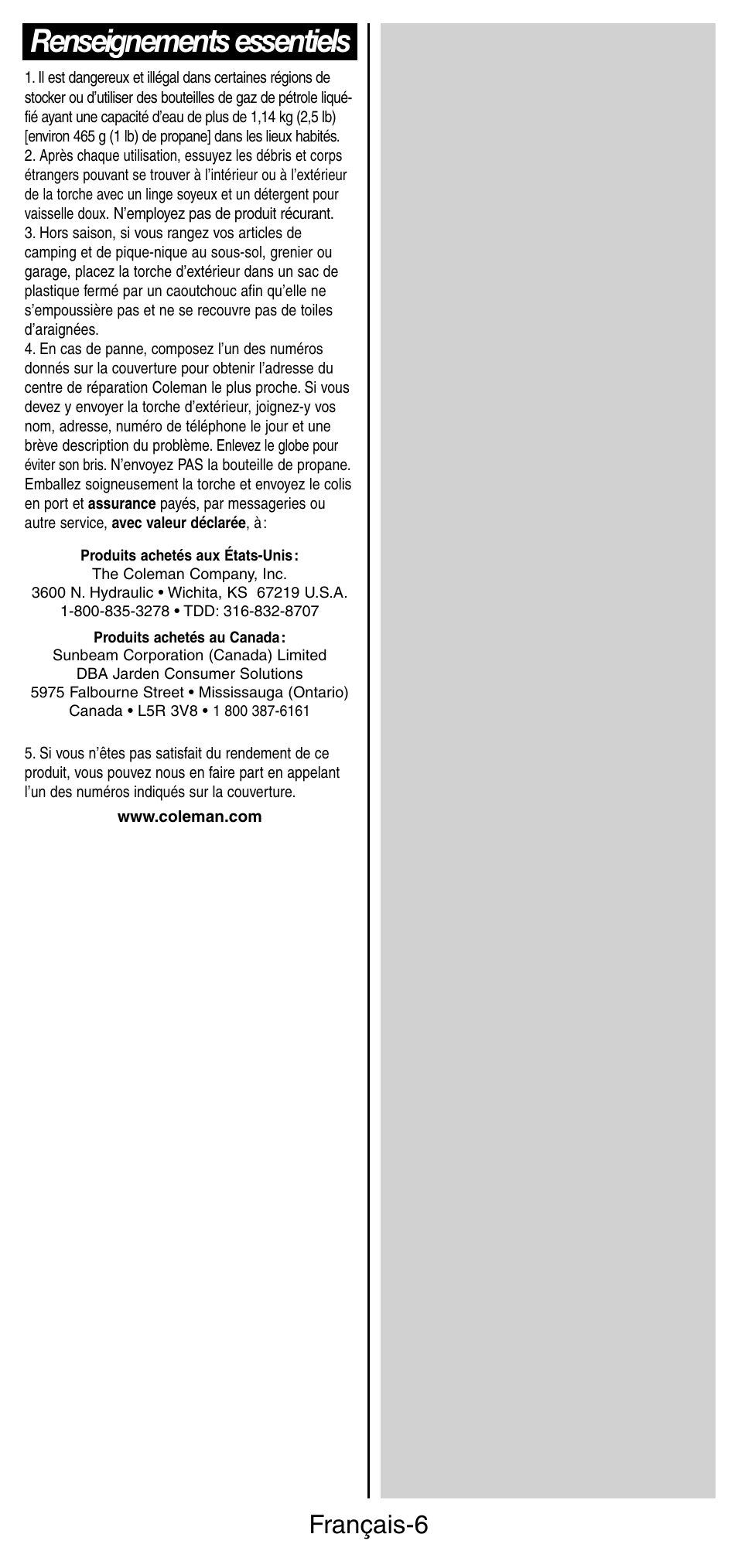 Renseignements essentiels, Français-6 | Coleman 3150 User Manual | Page 15 / 28