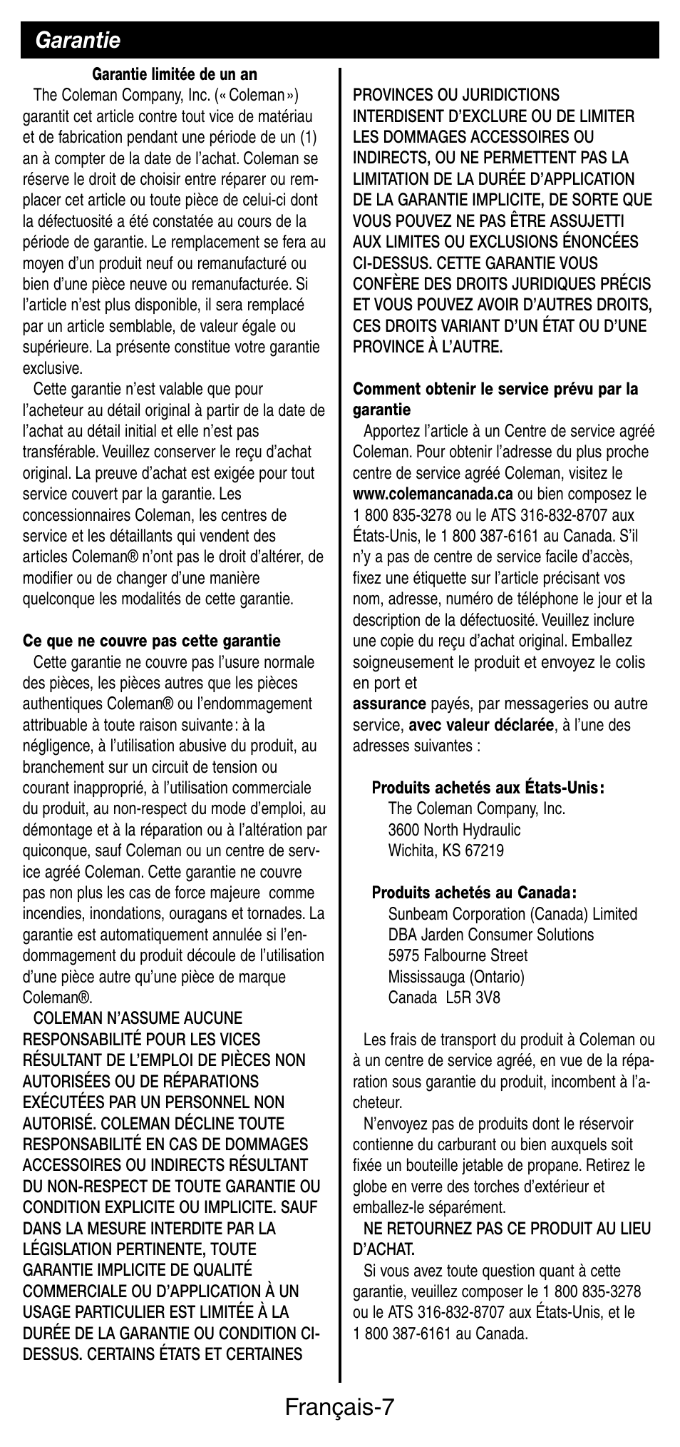 Français-7, Garantie | Coleman 3150 User Manual | Page 16 / 28