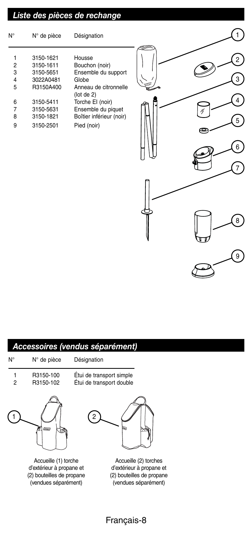 Français-8, Liste des pièces de rechange, Accessoires (vendus séparément) | Coleman 3150 User Manual | Page 17 / 28