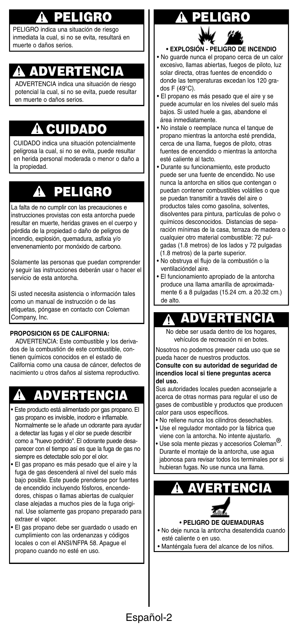 Peligro, Advertencia, Cuidado | Avertencia, Español-2 | Coleman 3150 User Manual | Page 19 / 28