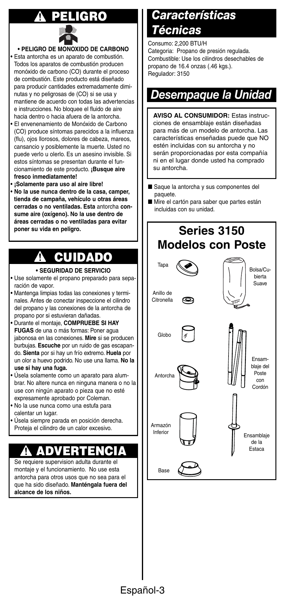 Peligro, Cuidado, Características técnicas advertencia | Desempaque la unidad, Series 3150 modelos con poste, Español-3 | Coleman 3150 User Manual | Page 20 / 28