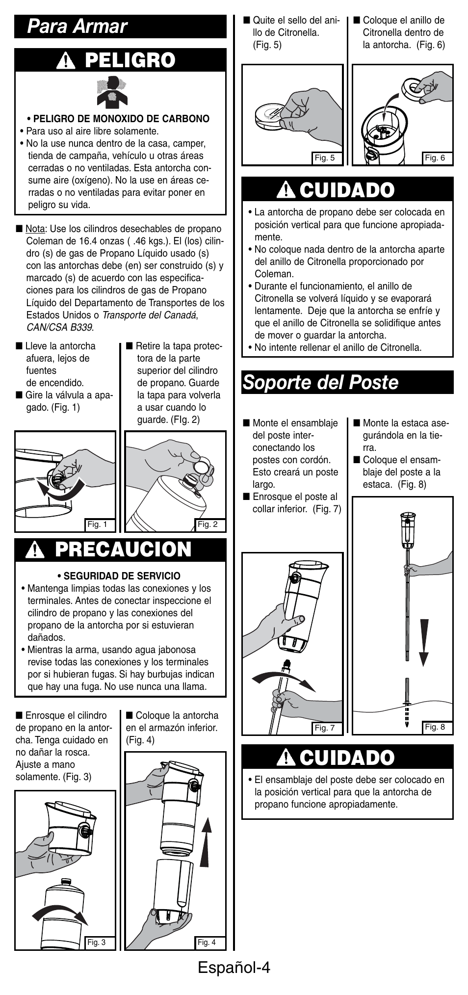 Cuidado, Peligro, Para armar | Precaucion, Soporte del poste, Español-4 | Coleman 3150 User Manual | Page 21 / 28
