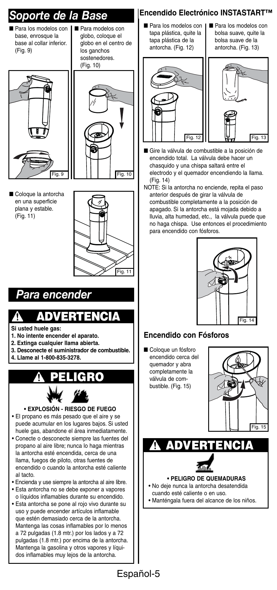 Para encender advertencia, Peligro, Advertencia | Soporte de la base, Español-5, Encendido electrónico instastart, Encendido con fósforos | Coleman 3150 User Manual | Page 22 / 28