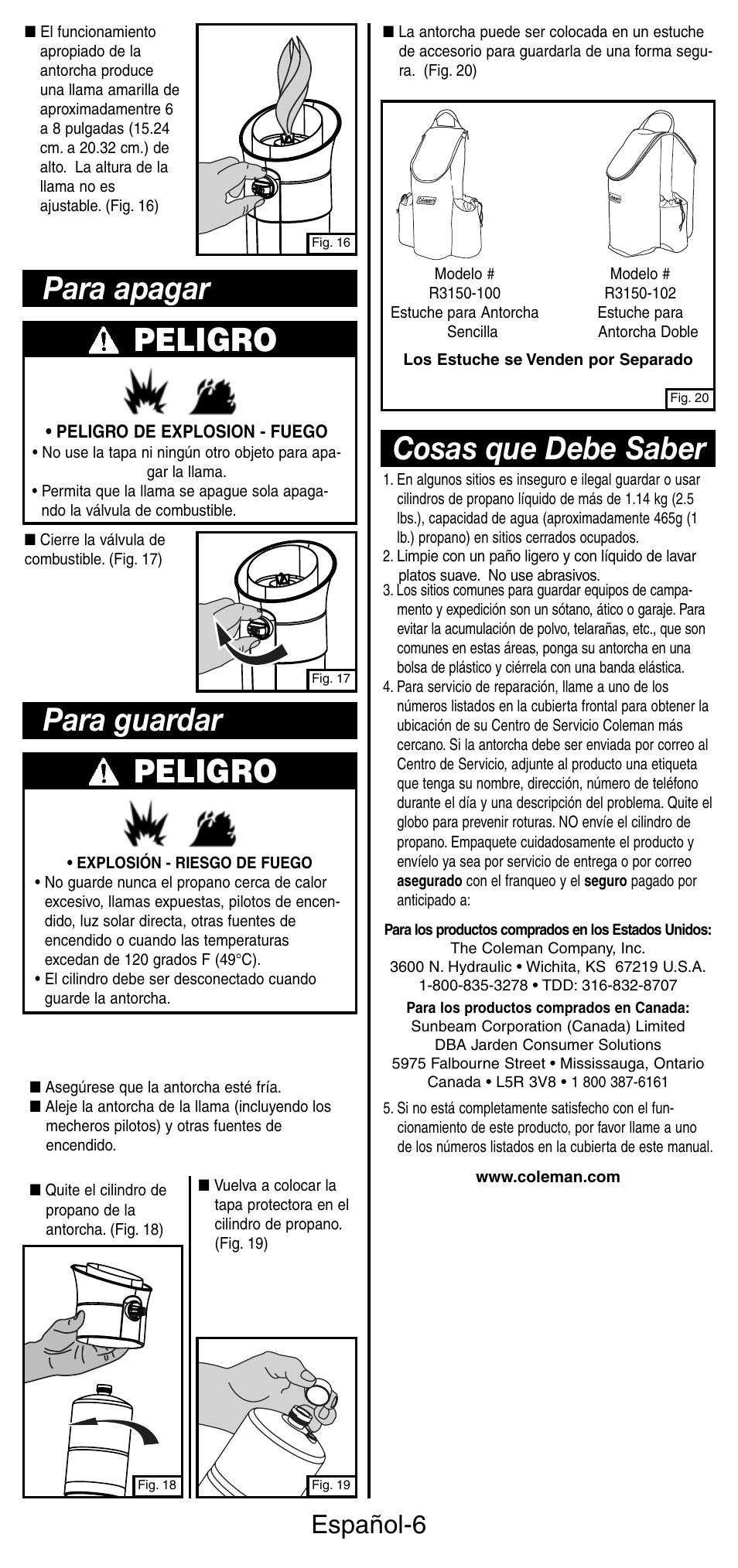 Cosas que debe saber, Peligro, Para apagar | Para guardar peligro, Español-6 | Coleman 3150 User Manual | Page 23 / 28