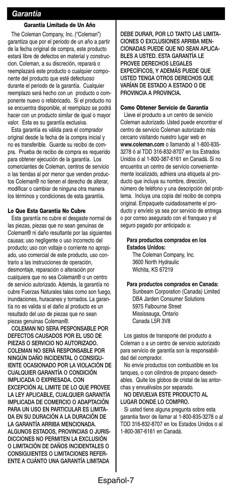 Español-7, Garantia | Coleman 3150 User Manual | Page 24 / 28