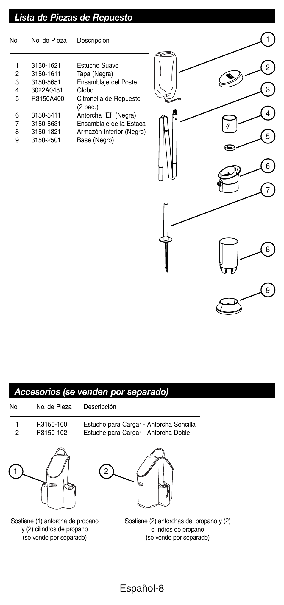 Español-8, Lista de piezas de repuesto, Accesorios (se venden por separado) | Coleman 3150 User Manual | Page 25 / 28