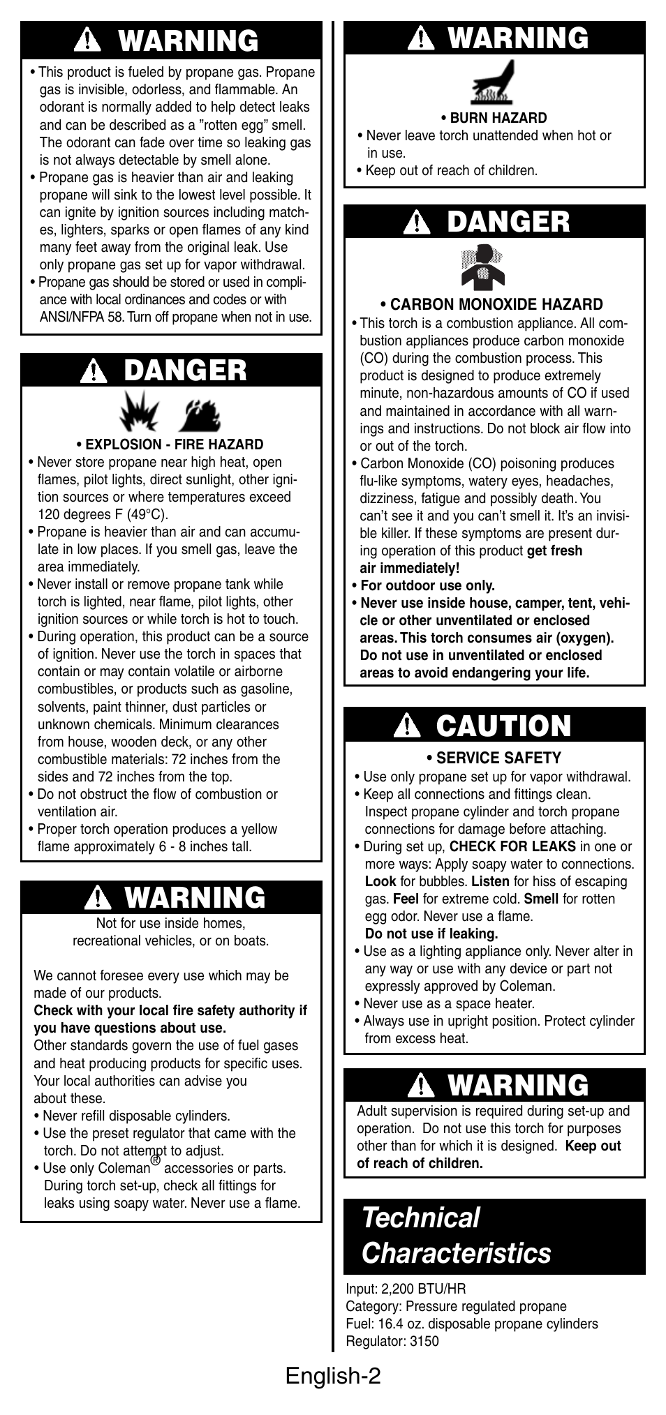 Danger, Caution, Technical characteristics | Warning danger, Warning, English-2 | Coleman 3150 User Manual | Page 3 / 28