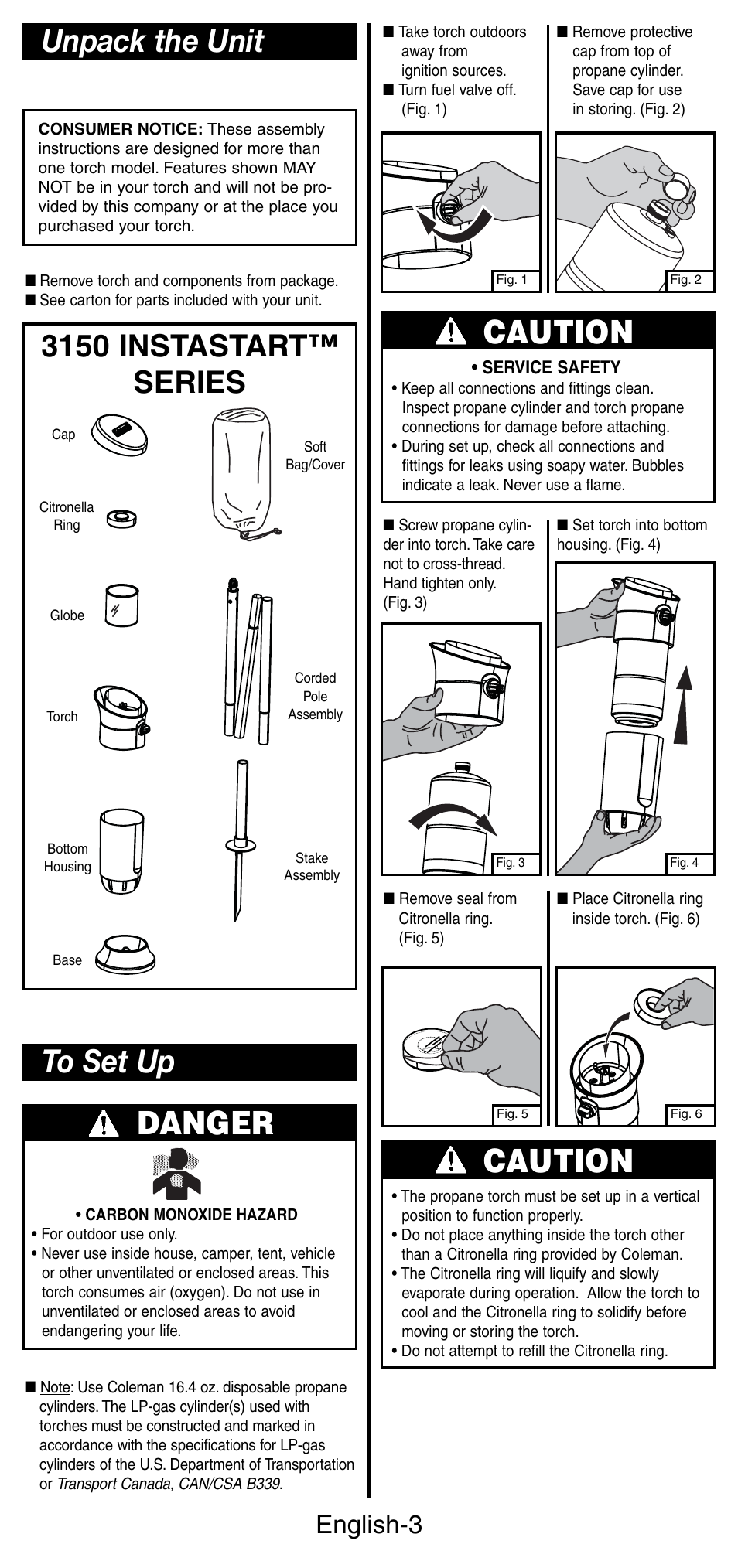Caution, Unpack the unit danger, 3150 instastart™ series | English-3 | Coleman 3150 User Manual | Page 4 / 28