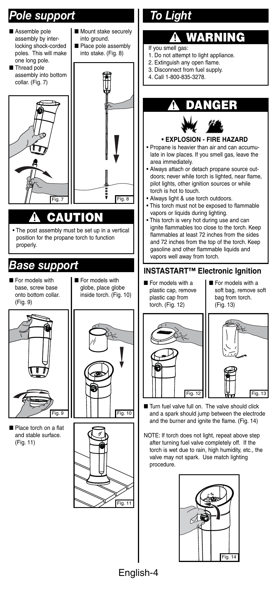 Danger, Caution, Base support | Pole support, English-4, Instastart™ electronic ignition | Coleman 3150 User Manual | Page 5 / 28