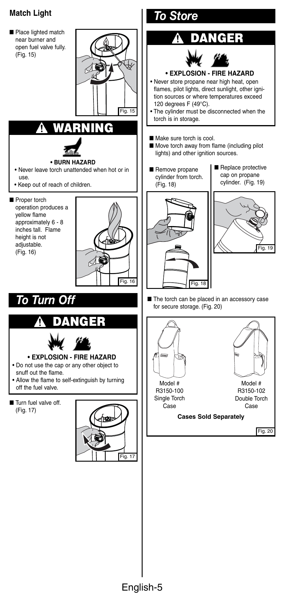 Danger, Warning, English-5 | Match light | Coleman 3150 User Manual | Page 6 / 28