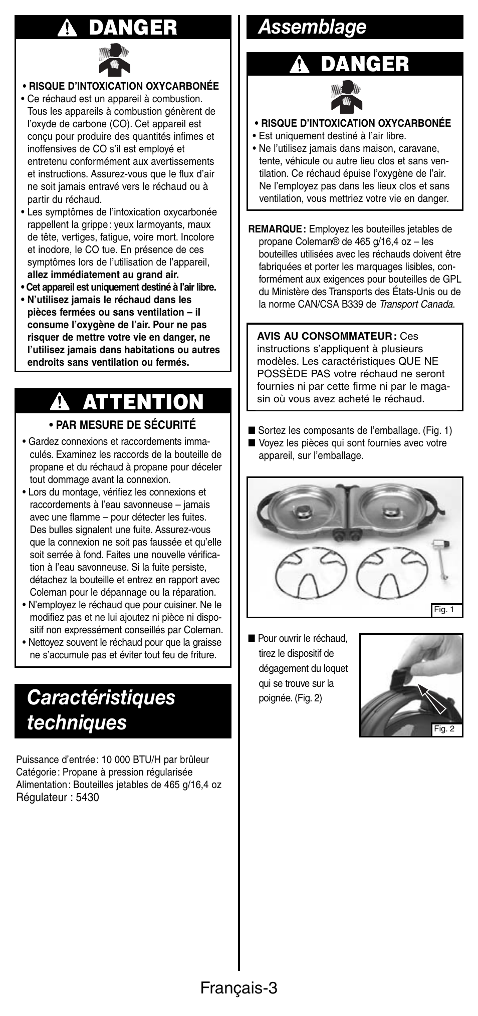 Assemblage caractéristiques techniques, Danger, Attention | Français-3 | Coleman 5442 User Manual | Page 10 / 24