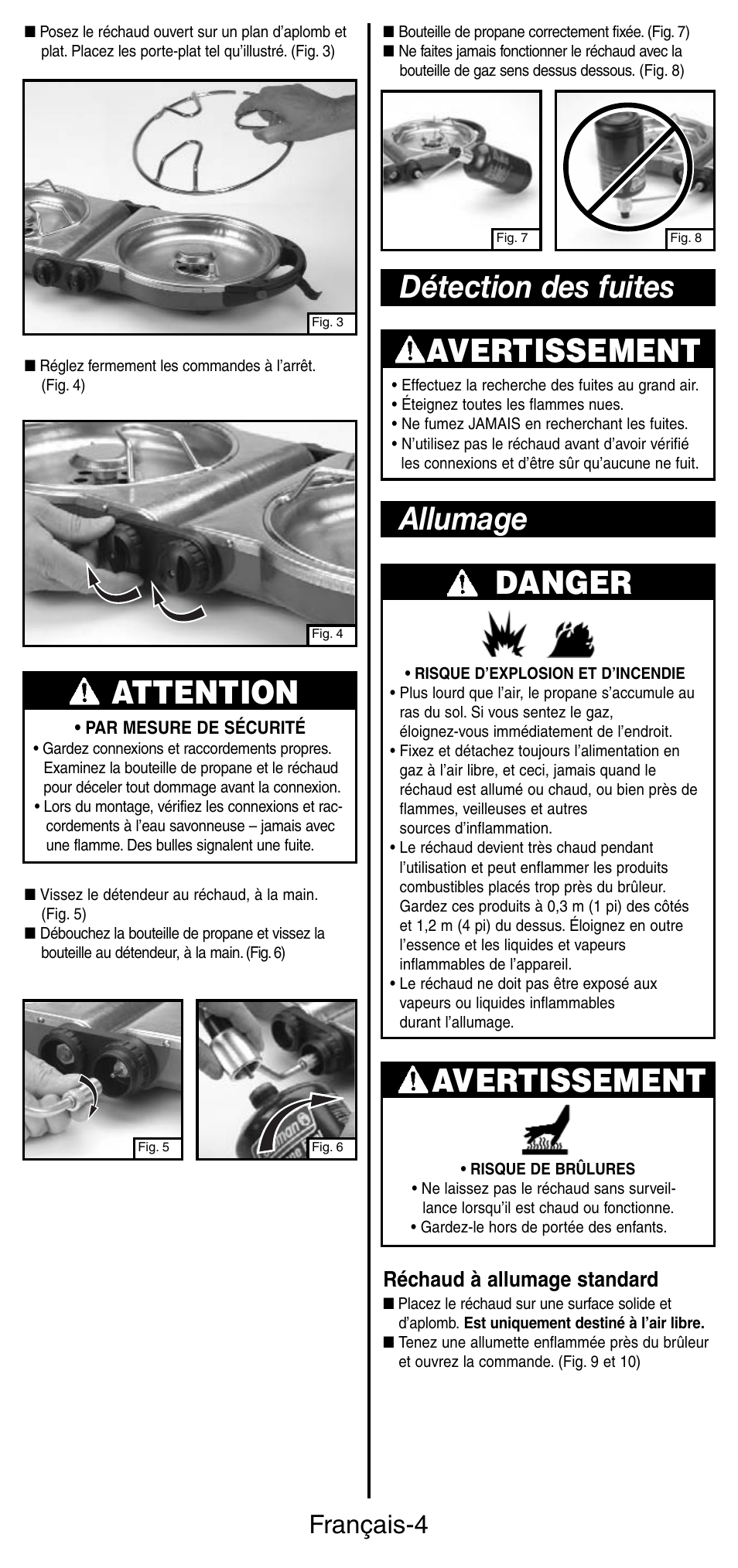 Attention, Allumage avertissement, Détection des fuites danger | Avertissement, Français-4, Réchaud à allumage standard | Coleman 5442 User Manual | Page 11 / 24