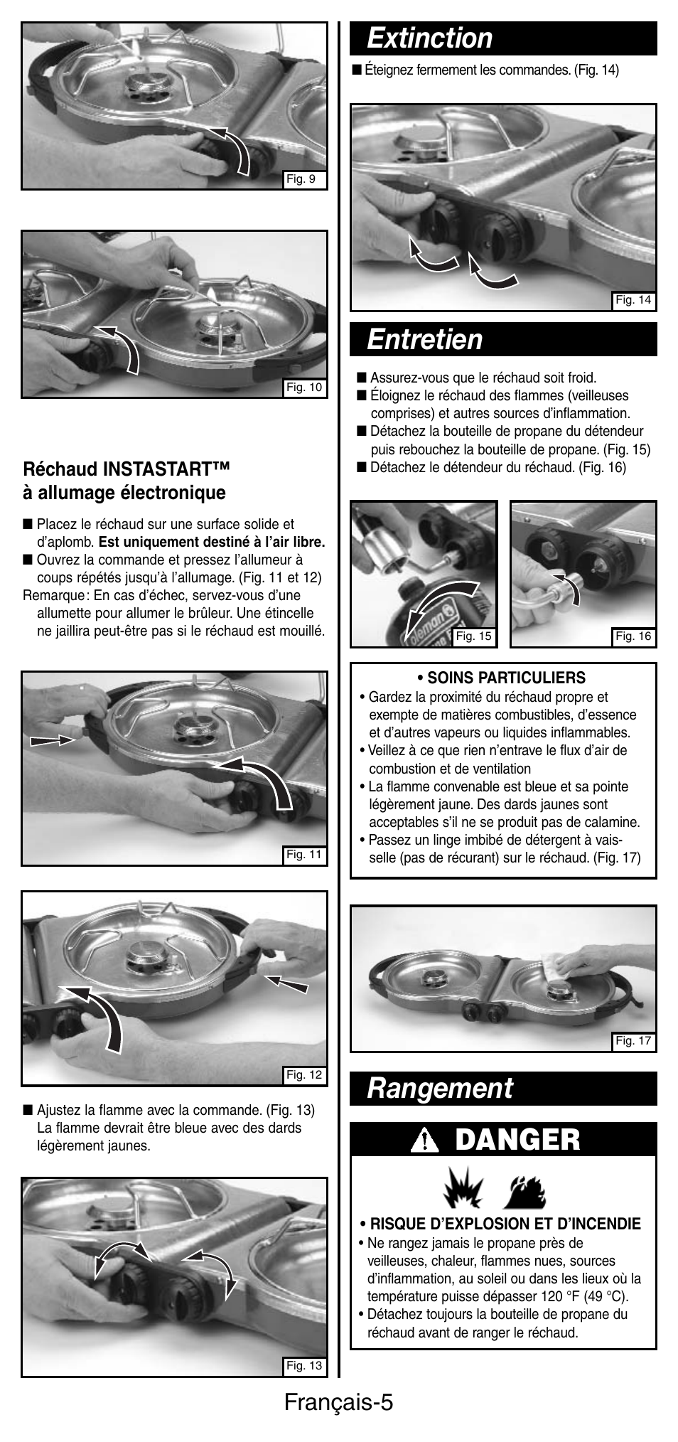 Extinction, Entretien, Danger | Rangement, Français-5, Réchaud instastart™ à allumage électronique | Coleman 5442 User Manual | Page 12 / 24