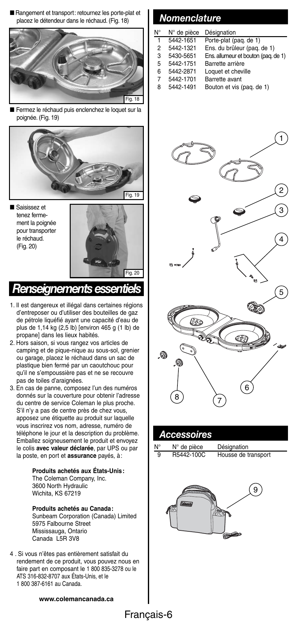 Renseignements essentiels, Français-6, Nomenclature | Accessoires | Coleman 5442 User Manual | Page 13 / 24