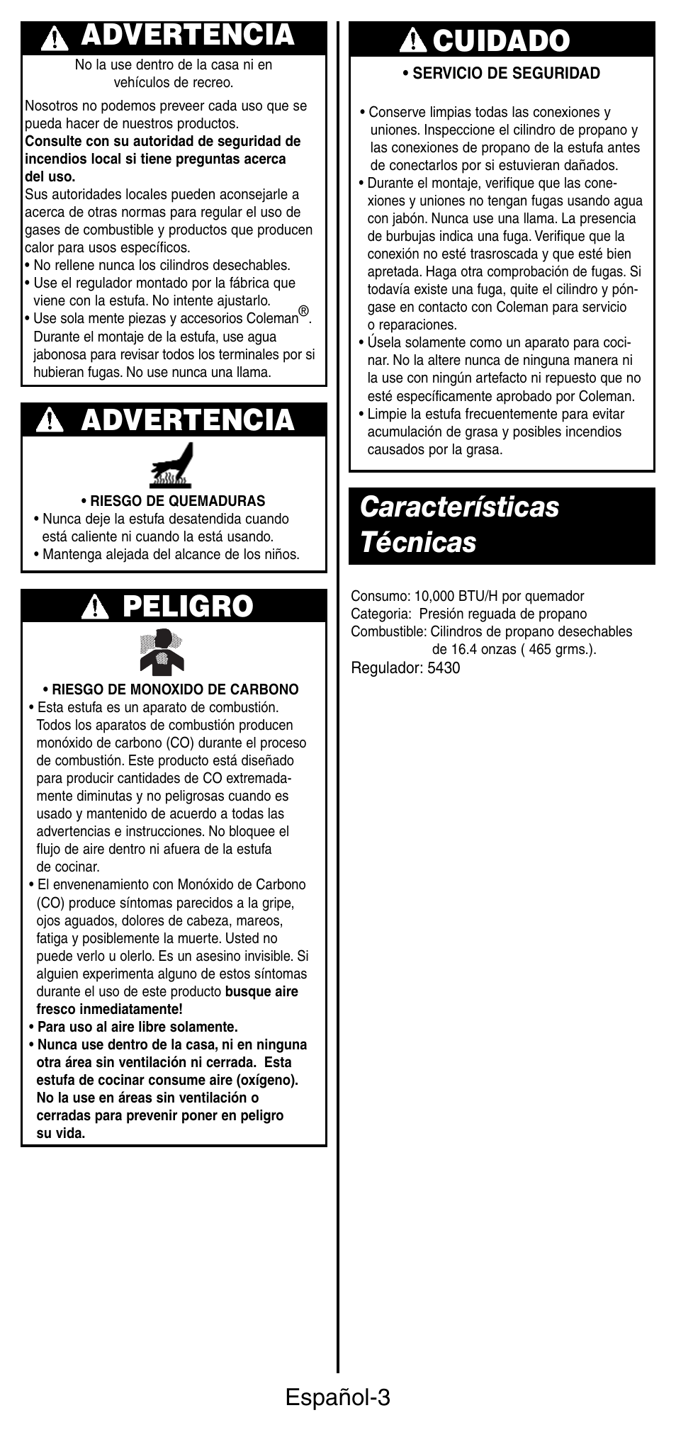 Advertencia, Peligro, Cuidado | Características técnicas, Español-3 | Coleman 5442 User Manual | Page 17 / 24