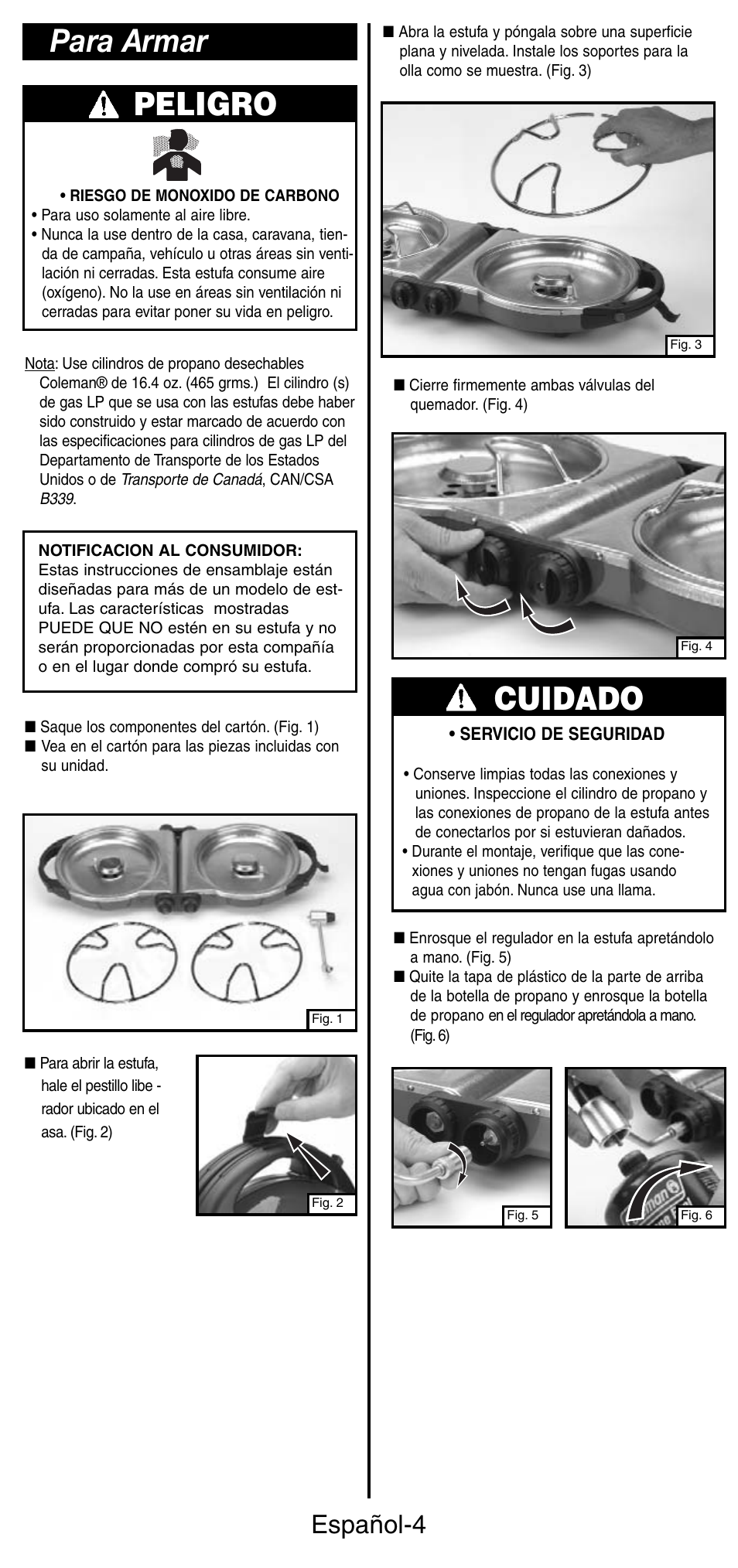 Para armar peligro, Cuidado, Español-4 | Coleman 5442 User Manual | Page 18 / 24