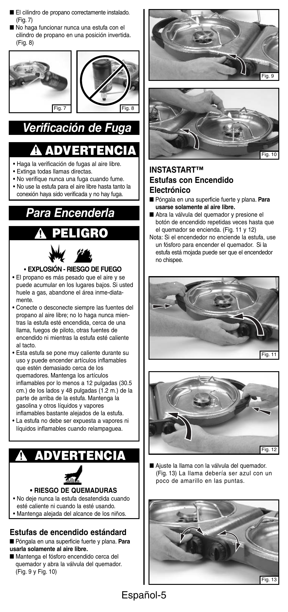 Advertencia, Verificación de fuga para encenderla peligro, Español-5 | Instastart™ estufas con encendido electrónico, Estufas de encendido estándard | Coleman 5442 User Manual | Page 19 / 24