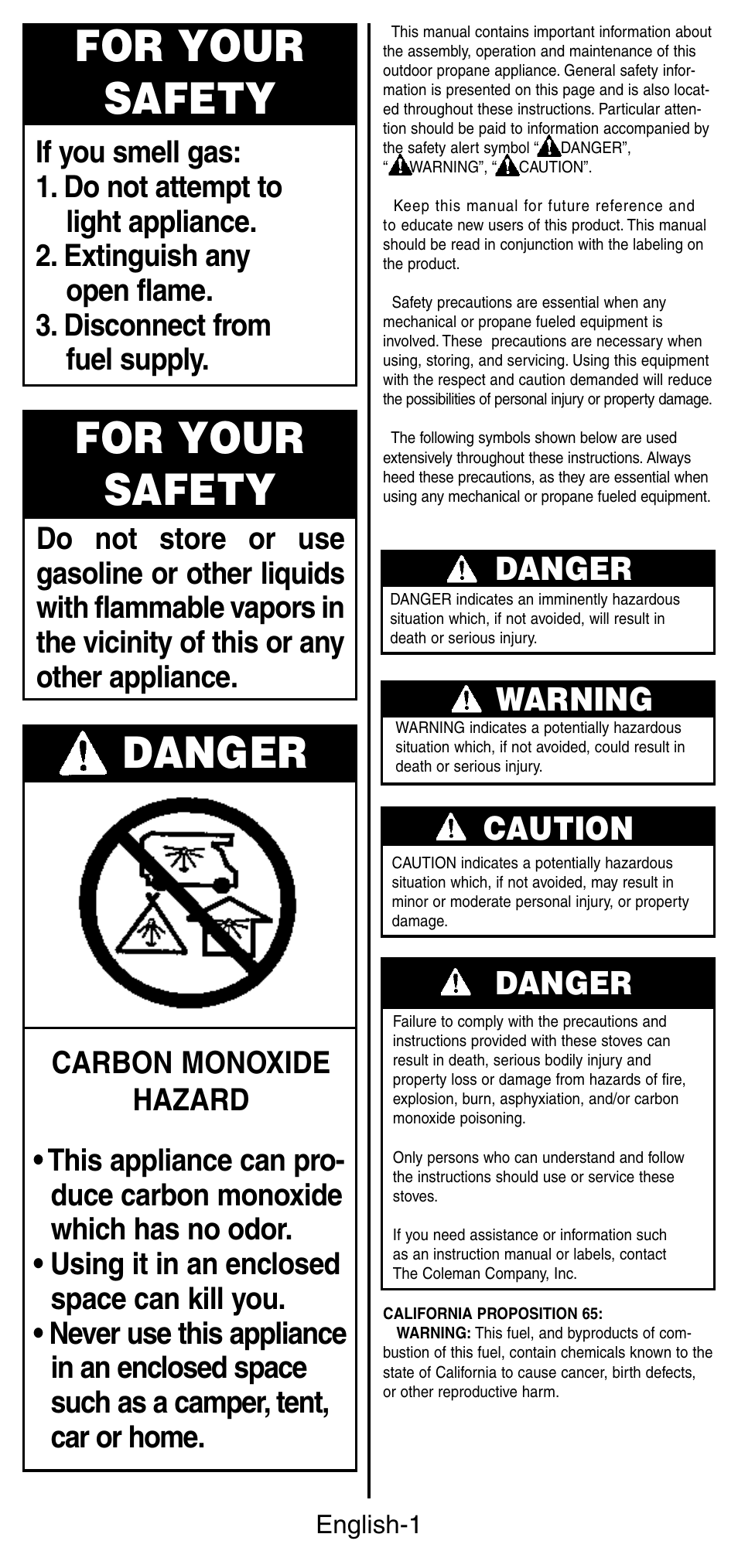For your safety, Danger, Warning | Caution | Coleman 5442 User Manual | Page 2 / 24