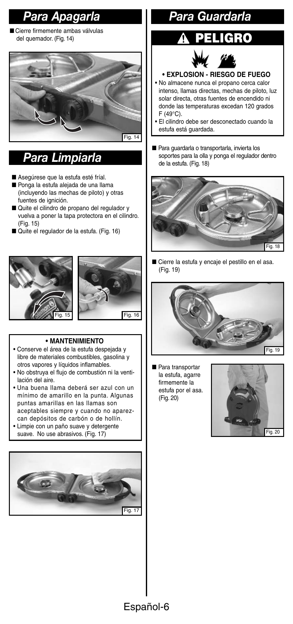 Para apagarla, Para limpiarla, Peligro | Para guardarla, Español-6 | Coleman 5442 User Manual | Page 20 / 24