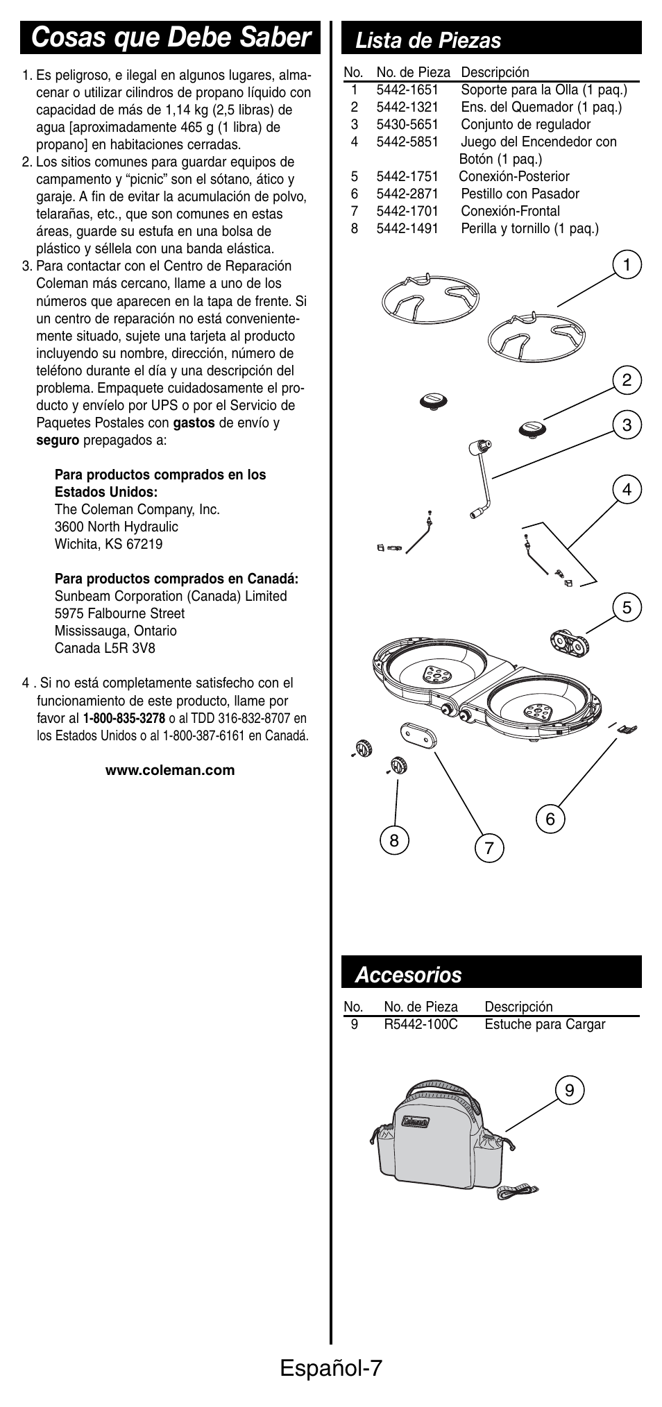 Cosas que debe saber, Español-7, Lista de piezas | Accesorios | Coleman 5442 User Manual | Page 21 / 24