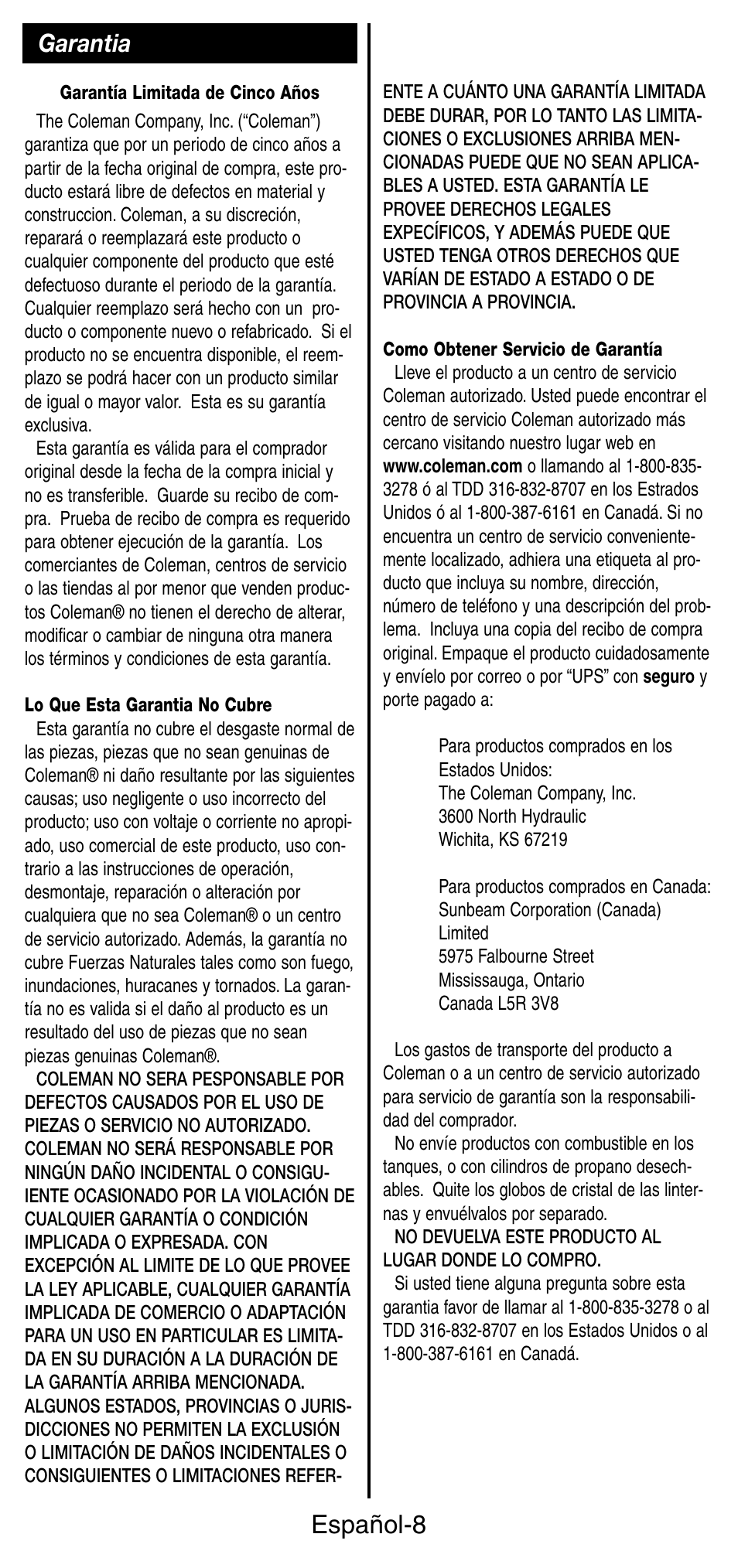 Español-8, Garantia | Coleman 5442 User Manual | Page 22 / 24