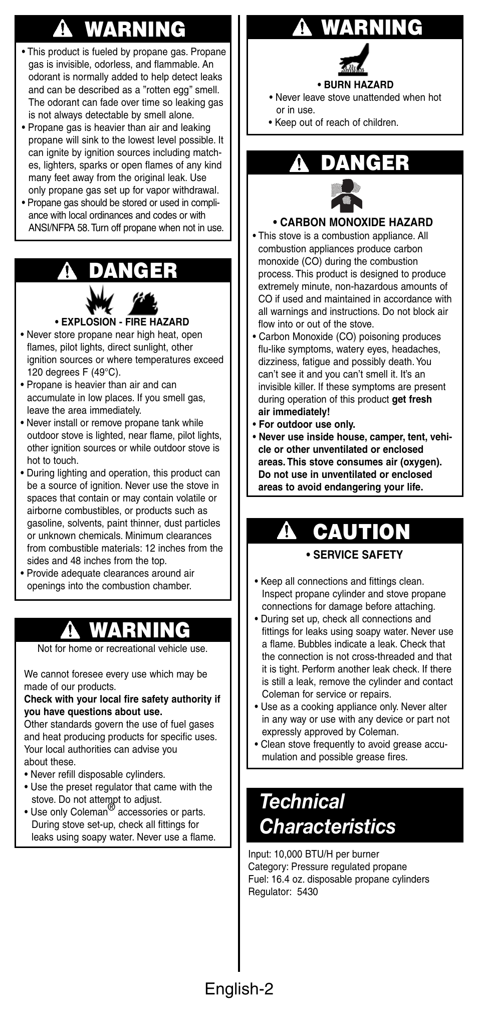 Warning danger, Warning, Danger | Caution, Technical characteristics, English-2 | Coleman 5442 User Manual | Page 3 / 24