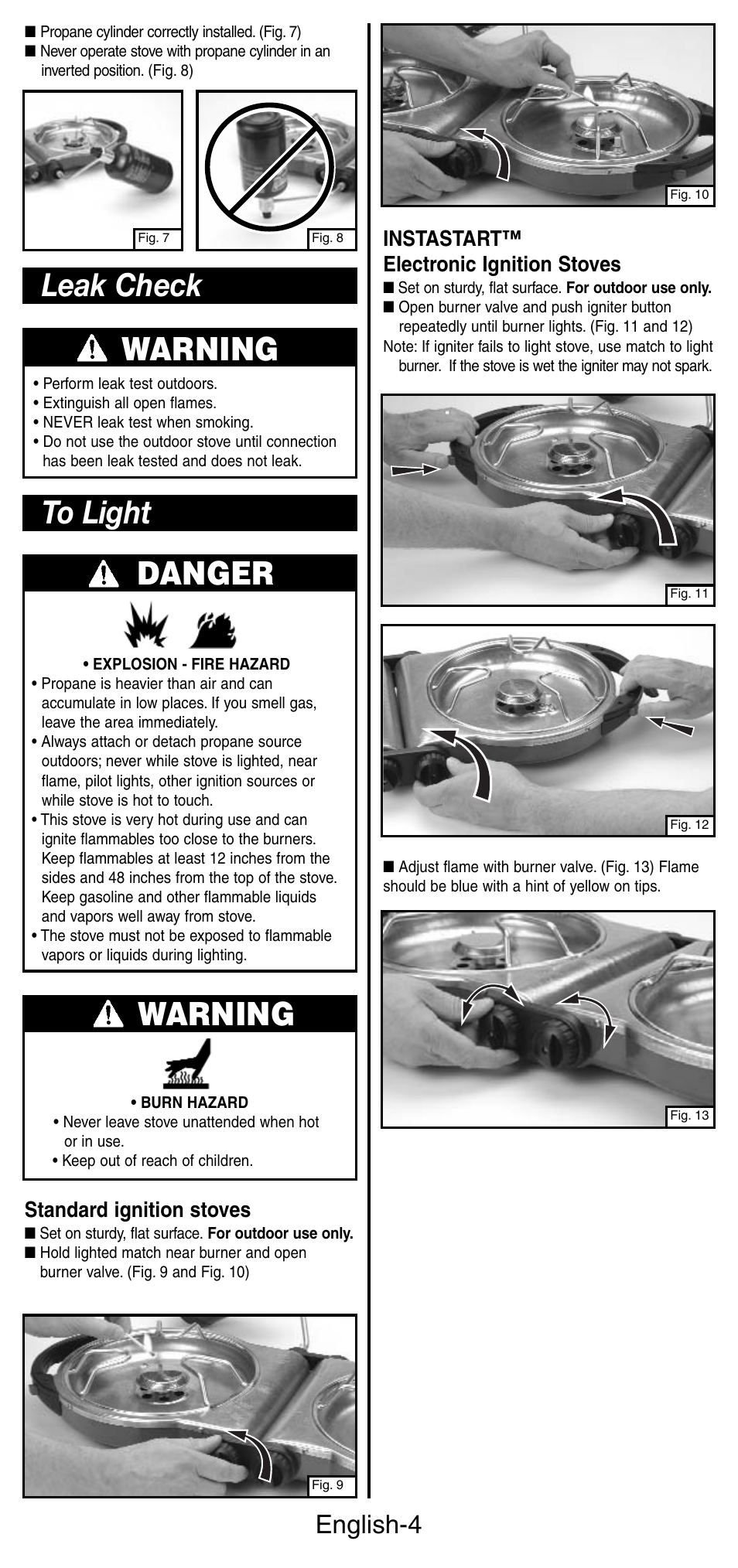 Warning, Leak check, English-4 | Standard ignition stoves, Instastart™ electronic ignition stoves | Coleman 5442 User Manual | Page 5 / 24