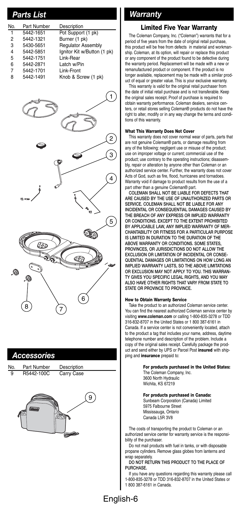 English-6, Warranty parts list, Accessories | Limited five year warranty | Coleman 5442 User Manual | Page 7 / 24
