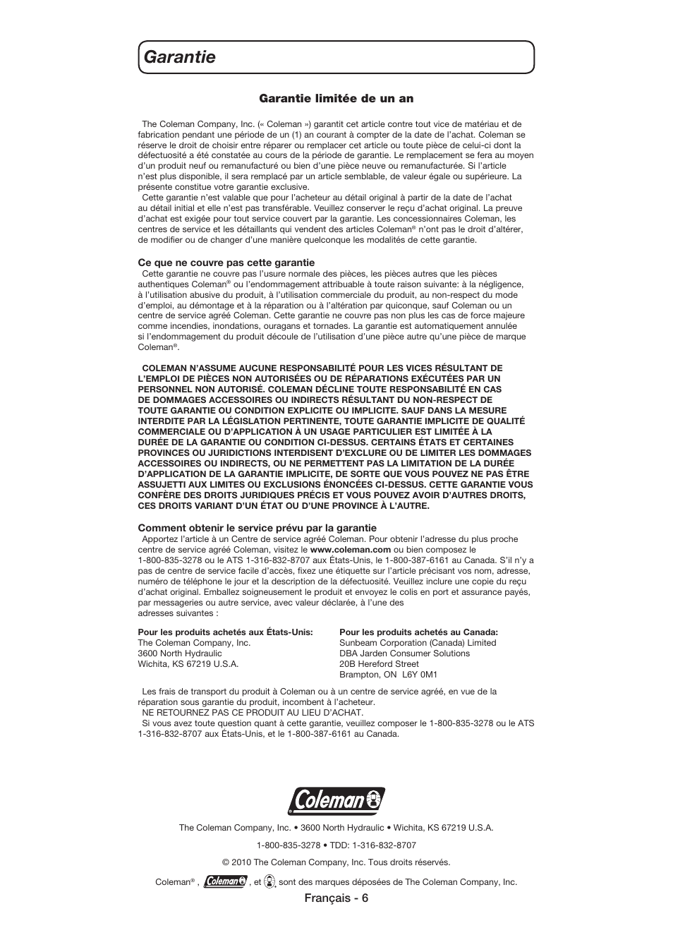 Garantie, Français - 6, Garantie limitée de un an | Coleman 9926 User Manual | Page 16 / 24