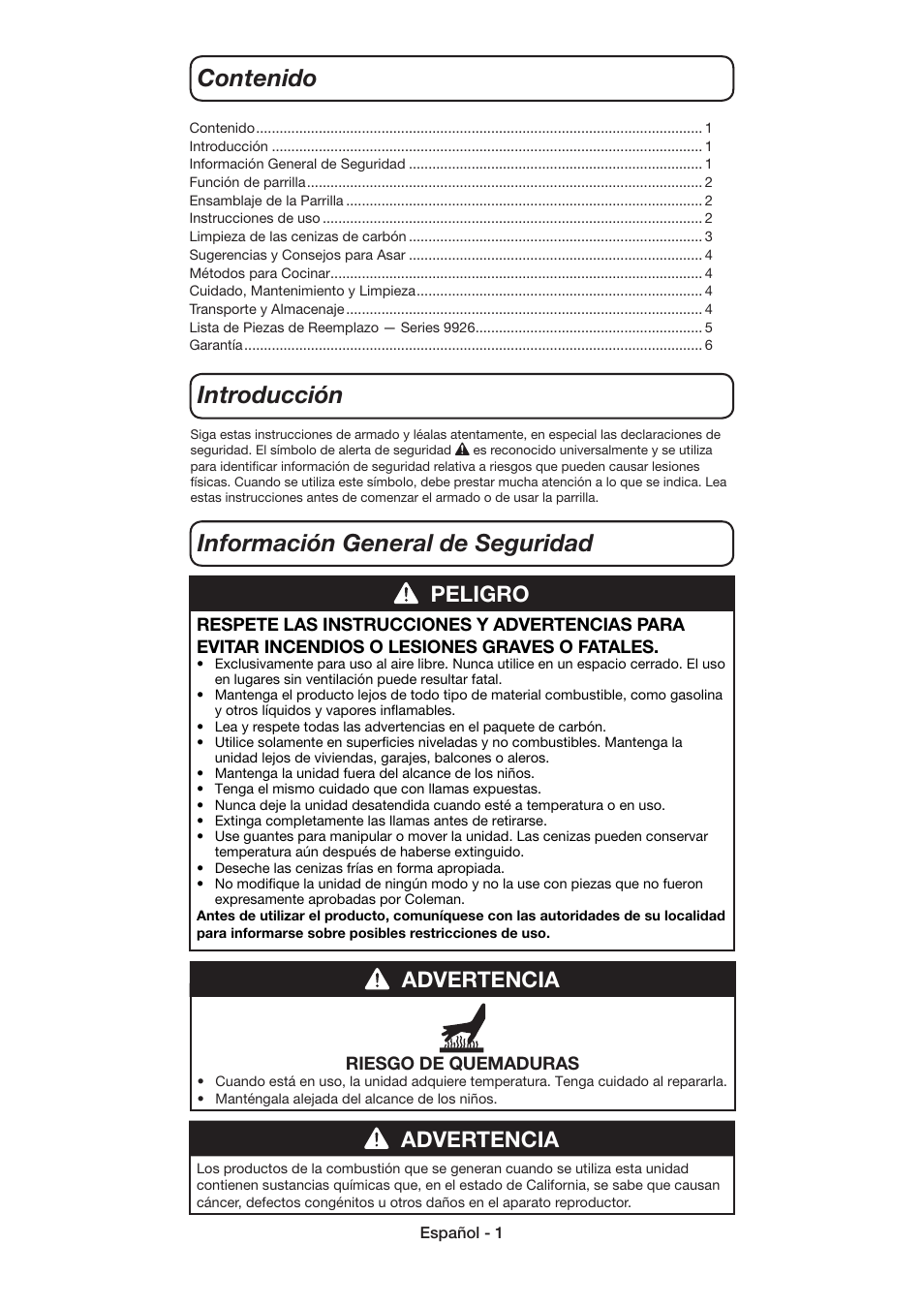 Peligro, Advertencia | Coleman 9926 User Manual | Page 18 / 24