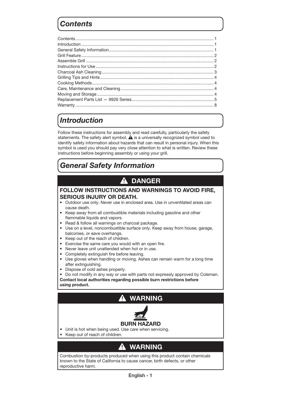 Contents introduction general safety information, Danger, Warning | Coleman 9926 User Manual | Page 2 / 24