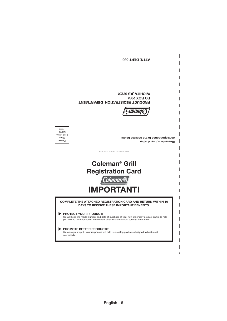 Important, Coleman, Grill registration card | Coleman 9926 User Manual | Page 7 / 24