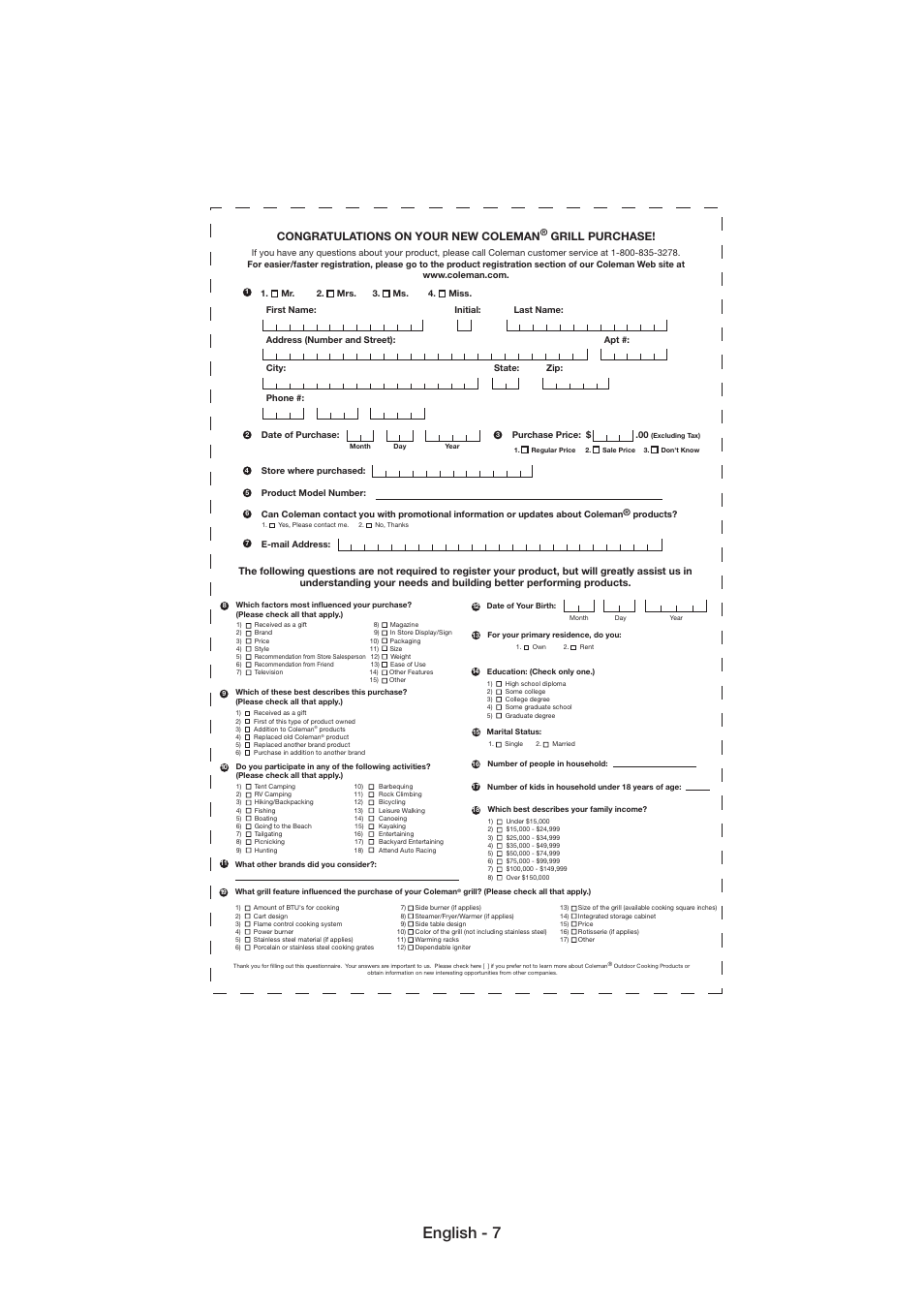 English - 7, Grill purchase | Coleman 9926 User Manual | Page 8 / 24