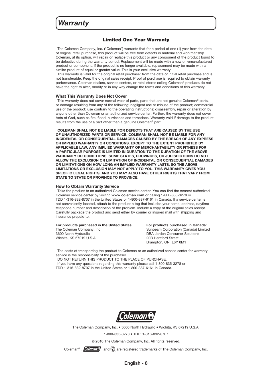 Warranty, English - 8 limited one year warranty | Coleman 9926 User Manual | Page 9 / 24