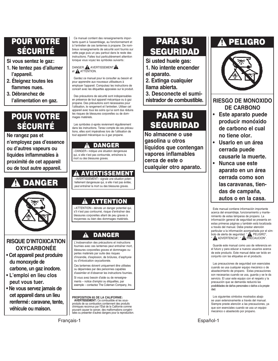 Pour votre sécurité, Danger, Para su seguridad | Peligro | Coleman NORTHSTAR 2500 User Manual | Page 10 / 14